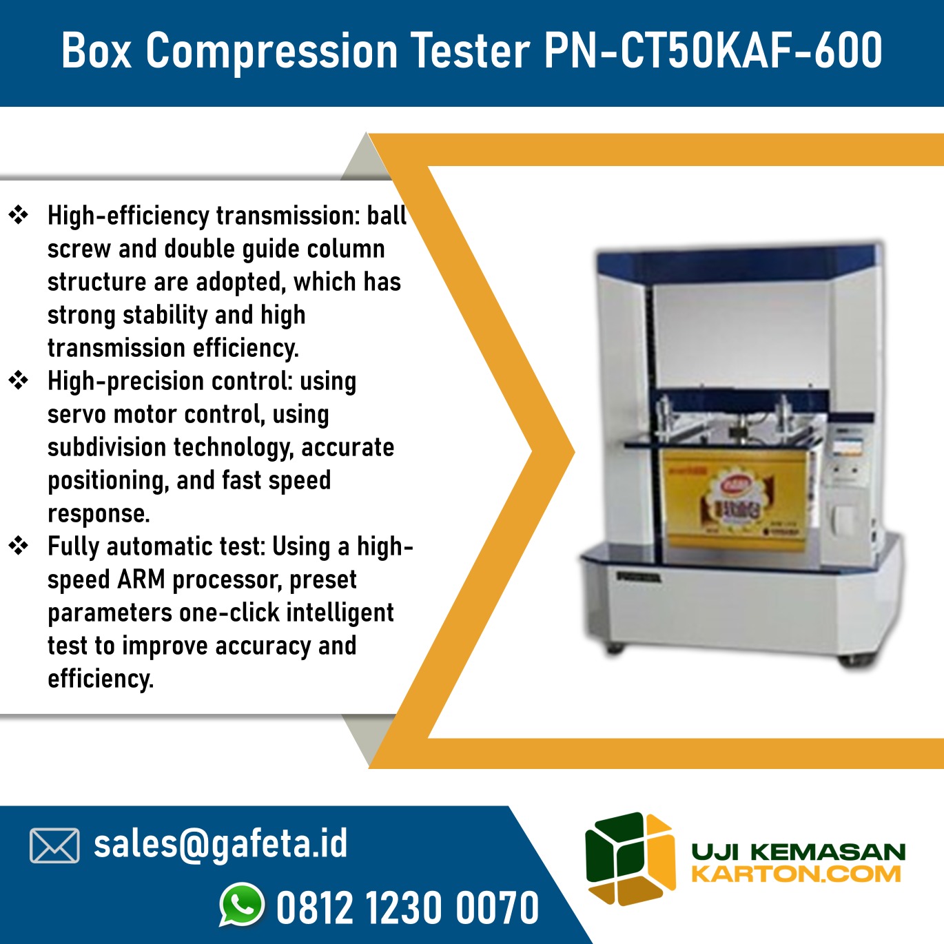 Jual Box Compression Tester, Uji Kompresi/Tekanan Kardus PN-CT50KAF-600