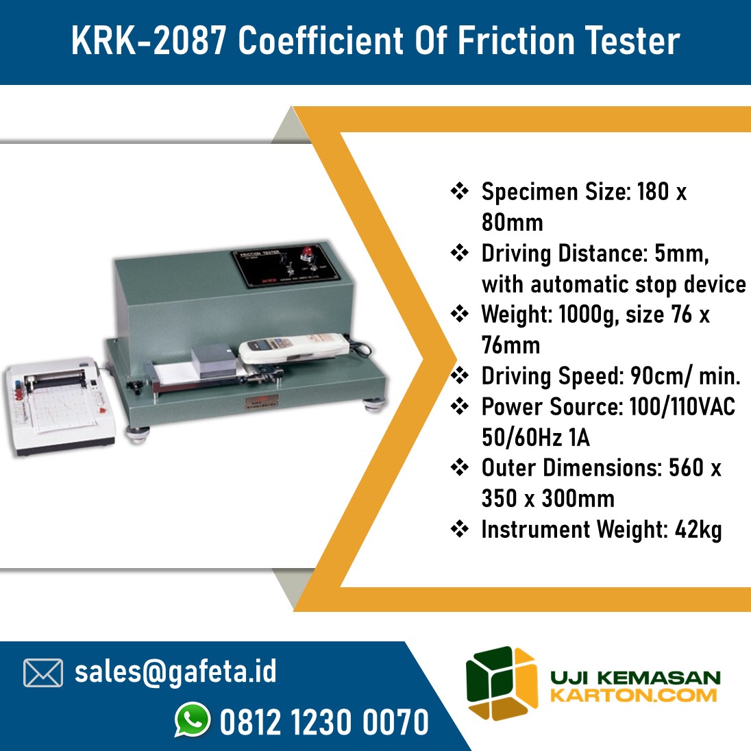 Coefficient Of Friction Tester, Penguji Koefisien Gesek Kertas Tipe KRK-2087
