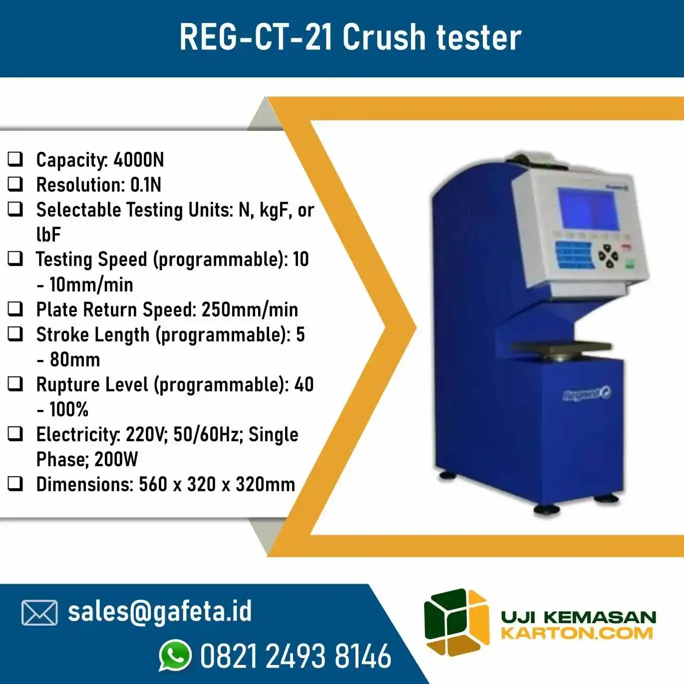 Jual REG-CT-21 / CT-2000 Crush Tester untuk Corrugated Board: Flat, Ring, Edge, dll